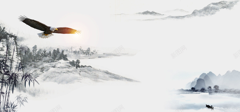 中国风放飞梦想海报psd设计背景_新图网 https://ixintu.com 中国文化 企业文化 展翅高飞 山峰 山水画 手绘 梦就在前方 水墨 竹叶 竹子 雄鹰