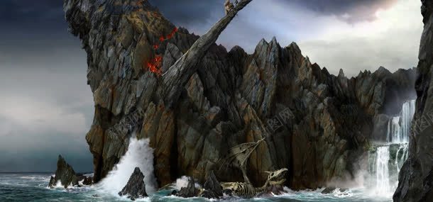 手绘背景大图jpg设计背景_新图网 https://ixintu.com 岩石山 海浪