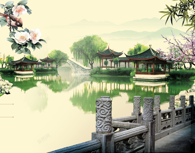 中国风长廊边上的江南风景房地产背景psd设计背景_新图网 https://ixintu.com 中国风 中国风背景 亭子 山水 房产 房地产 梅花 湖泊 牡丹花 竹叶 美景 花卉 花朵 长廊 风景
