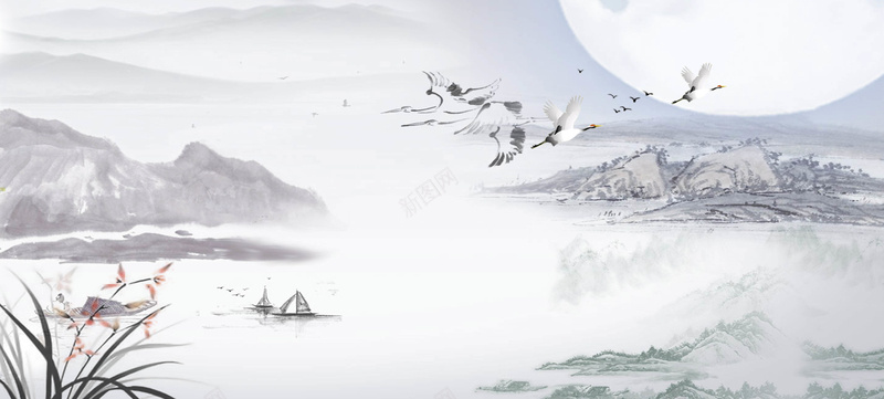 水墨风玉石电商海报背景模板psd设计背景_新图网 https://ixintu.com 仙鹤 古典背景 唯美 山峦 帆船 月亮 水墨风 海报背景模板 玉石电商 远山