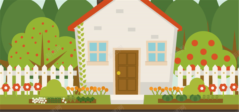 田园小屋背景jpg设计背景_新图网 https://ixintu.com 卡通 房子 手绘 栅栏 海报banner 童趣 花园 花朵