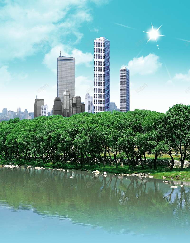 绿化的城市风景背景psd设计背景_新图网 https://ixintu.com 广告设计模板 房产广告 房地产 房屋广告 树 河流 绿化 风景 高楼建筑