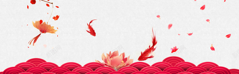 古风鲤鱼漂浮红色花瓣Bannerjpg设计背景_新图网 https://ixintu.com 中国风 古风鲤鱼 文艺 清新 电商Banner 红色花瓣 花瓣 莲花 鲤鱼
