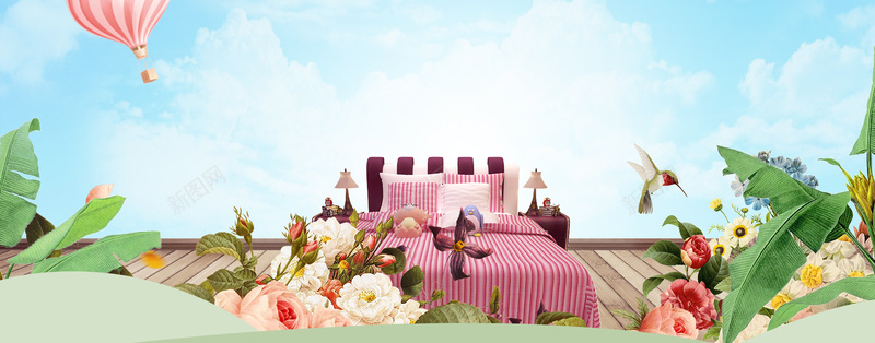 家装节景色床蓝天白云梦幻蓝bannerpsd设计背景_新图网 https://ixintu.com 几何 家装 家装节 广告 床 房屋 摄影 景色 木 植物 热气球 白云 素材 背景 蓝天 装修 设计