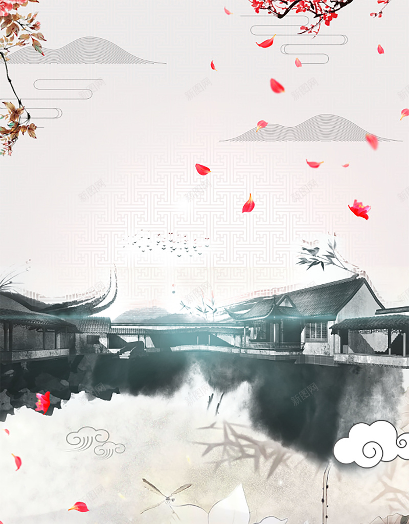 水墨淡雅中式地产背景psd设计背景_新图网 https://ixintu.com 东方之美 东方建筑 中国风海报 中式地产 创意海报 古风海报 屋檐 庭院 桃花 雨伞 魅力中国