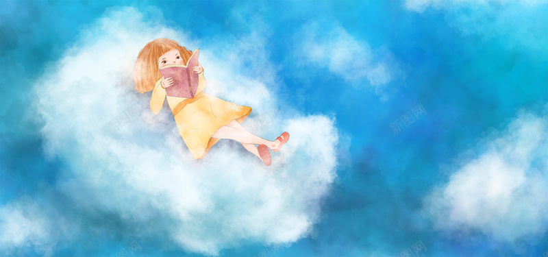 读书女孩bannerpsd设计背景_新图网 https://ixintu.com 云彩云朵 云朵 女孩文化 幻想 插画卡通女孩 蓝天白云 蓝天知识 蓝色读书 阅读读书