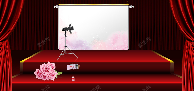 淘宝喜庆婚礼现场舞台灯光幕布红色海报背景背景