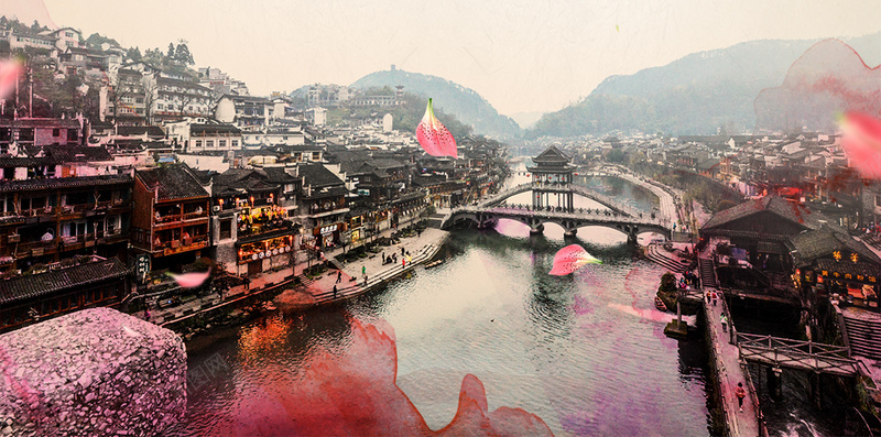 国庆节旅游少数民族地区psd设计背景_新图网 https://ixintu.com 凤凰 古城 国庆节 少数民族 山水 旅游 梅花 水墨 沱江