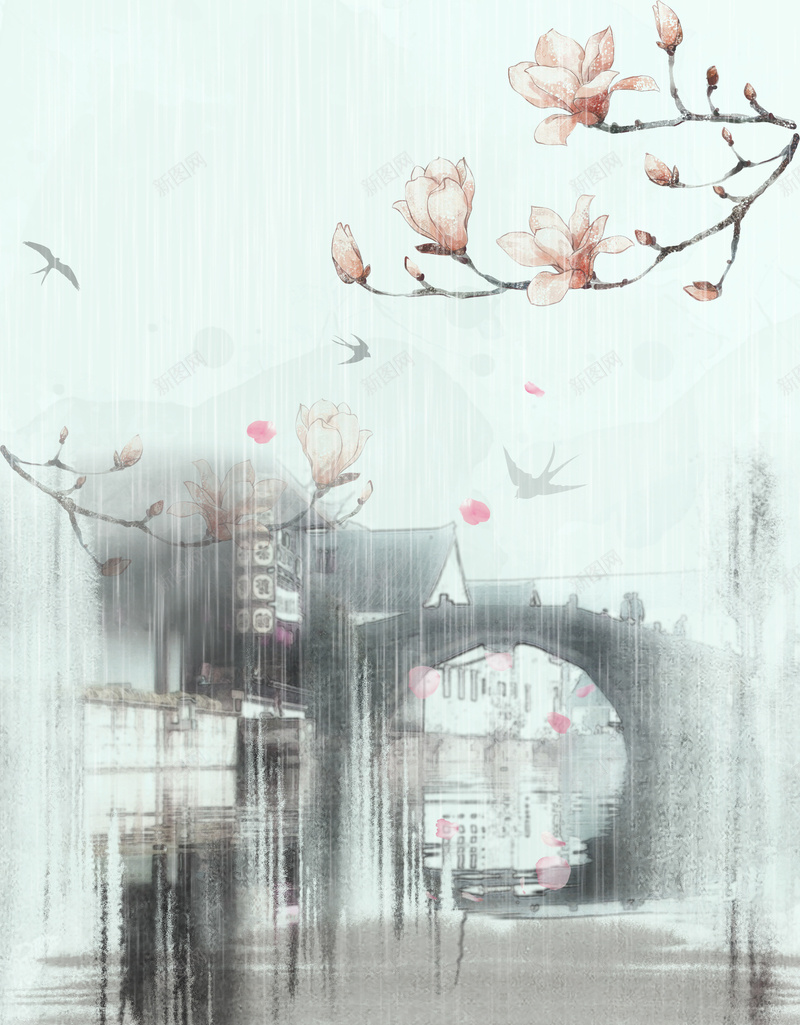 魅力水墨风江南水乡背景jpg设计背景_新图网 https://ixintu.com 中国风 春天 水乡 水墨 水墨山水 水墨花 花卉 雨水