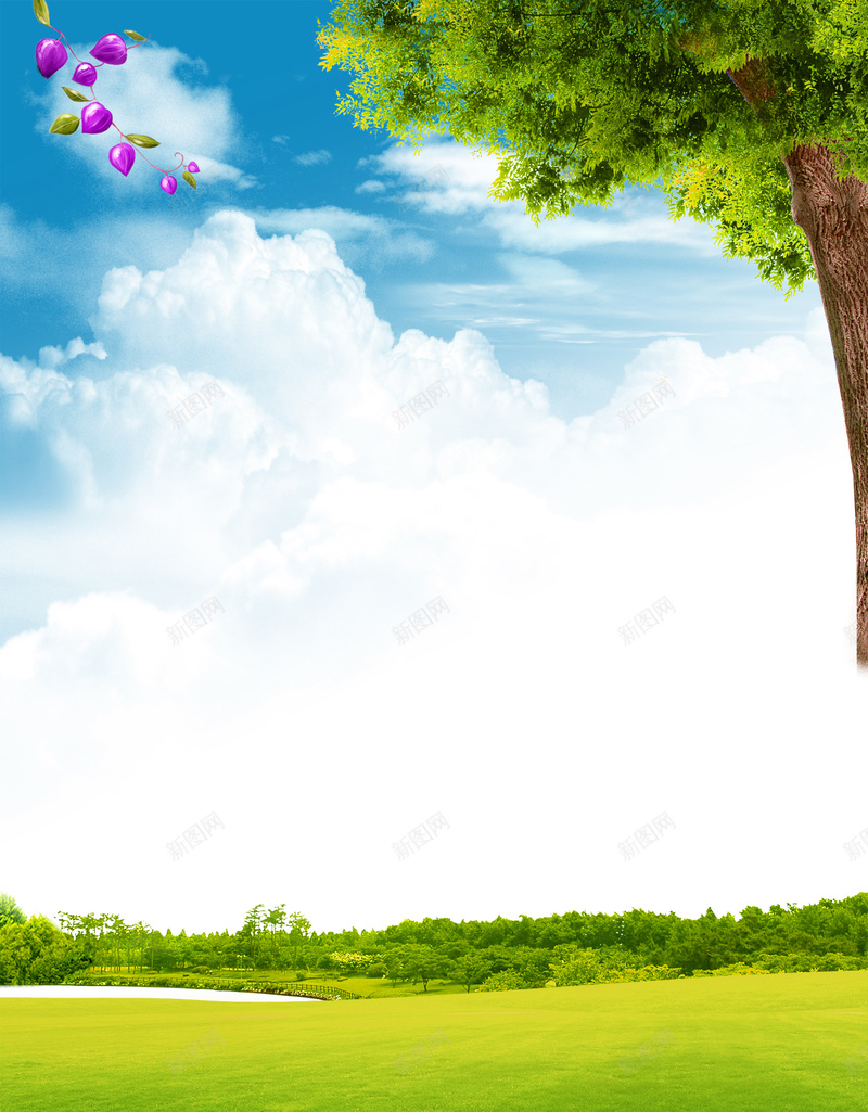蓝天大树风景云雾草地绿地背景psd设计背景_新图网 https://ixintu.com 云雾 大树 素材 绿地 背景 草地 蓝天 风景