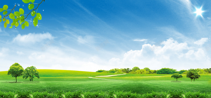 风景背景图psd_新图网 https://ixintu.com 摄影 树木 海报banner 白云 草地 蓝天 风景