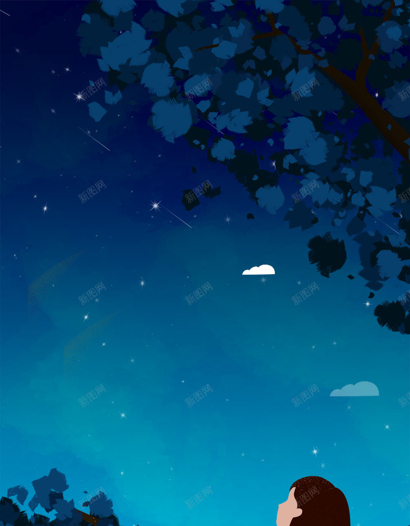 唯美思念原创插画psd设计背景_新图网 https://ixintu.com 夜晚 女孩 小孩 念家 手绘 插画 星空 月亮 望月