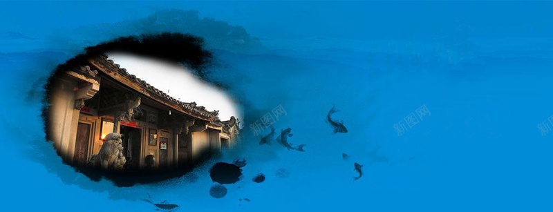 浓厚的中国风格背景图jpg设计背景_新图网 https://ixintu.com 中国风 古老建筑 思乡 泼墨画 渐变效果 石狮子 蓝色 锦鲤 黑色