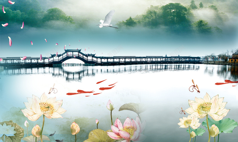 中国风莲花池上的古桥春节背景jpg设计背景_新图网 https://ixintu.com 一家人 团圆饭 大年三十 山水 恭贺新春 春节 桥 莲花 锦鲤 除夕夜 除夕广告 鲤鱼