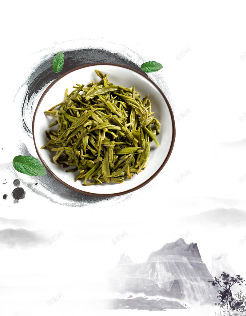 茶文化水墨背景元素psd设计背景_新图网 https://ixintu.com 古风元素 山 植物元素 水墨 茶叶