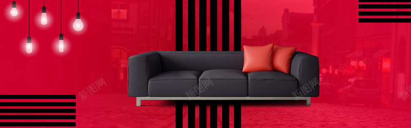 时尚黑色沙发促销季红色banner背景