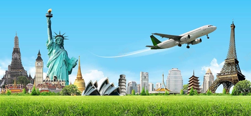 创意地球与名胜古迹建筑jpg设计背景_新图网 https://ixintu.com 世界各地 世界名胜 巴黎铁塔 悉尼歌剧院 欧式建筑 欧洲 海报banner 球旅行背景 飞机