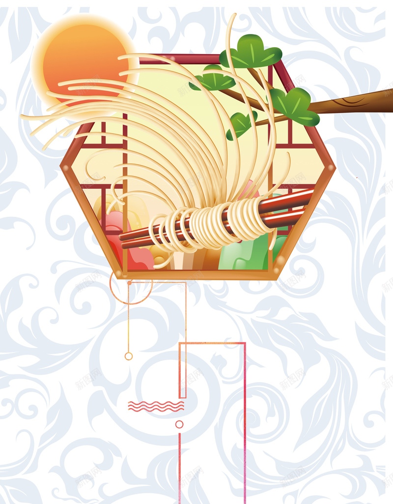 中式矢量夏至面海报背景psd设计背景_新图网 https://ixintu.com 二十四节气 冬至饺子 夏至海报 夏至面 树枝 海报设计 窗户 面条