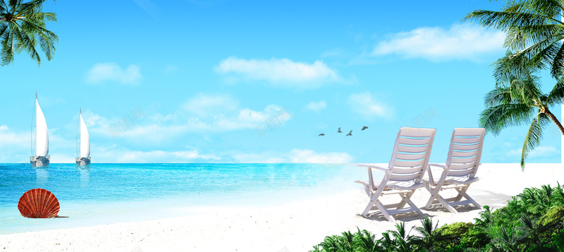 海边度假小清新浪漫景色蓝色bannerpsd_新图网 https://ixintu.com 大气 大海 帆船 广告 摄影 景色 梦幻 椅子 椰树 浪漫 海洋 海滩 燕子 素材 背景 蓝色 设计