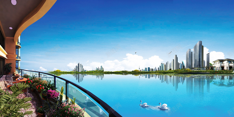 大气江景高端住宅海报背景模板psd设计背景_新图网 https://ixintu.com 地产 地产海报 大气 天鹅 楼盘 江景 海报背景模板 蓝天 阳台 高端住宅
