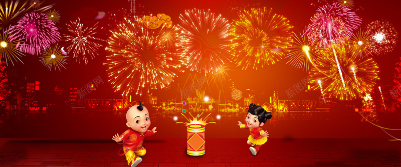 新年卡通红色海报banner背景psd设计背景_新图网 https://ixintu.com 2017 banner 卡通 娃娃 年货 庆祝 新年 春节 海报 烟火 狂欢 红色 背景 鞭炮 鸡年