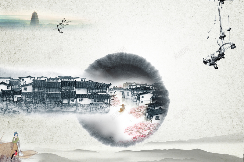 水墨墨迹江南水乡旅游海报背景psd设计背景_新图网 https://ixintu.com 墨迹 山水画 开心 意境海报 水墨意境 江南印象 江南建筑 江南旅游 江南水乡 江南风情 海报背景