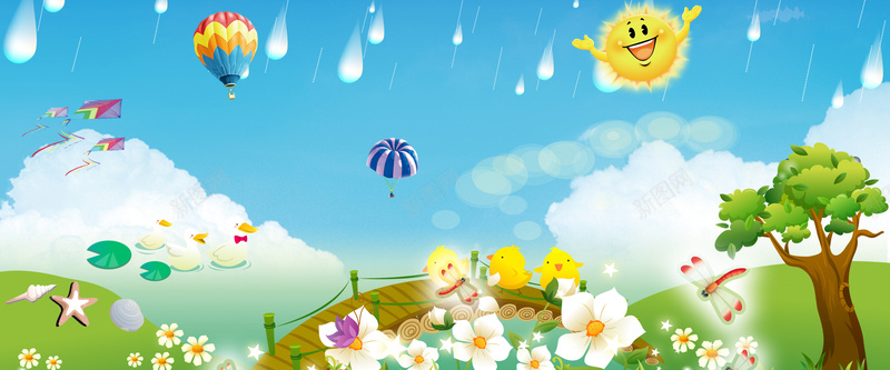 夏天清爽海报psd设计背景_新图网 https://ixintu.com 太阳 摄影 海报banner 热气球 雨滴 风景 风筝