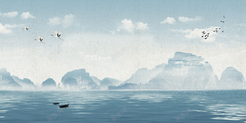 大海蓝色高山海鸥古风背景psd设计背景_新图网 https://ixintu.com 古风背景 大海 海鸥 蓝色 高山