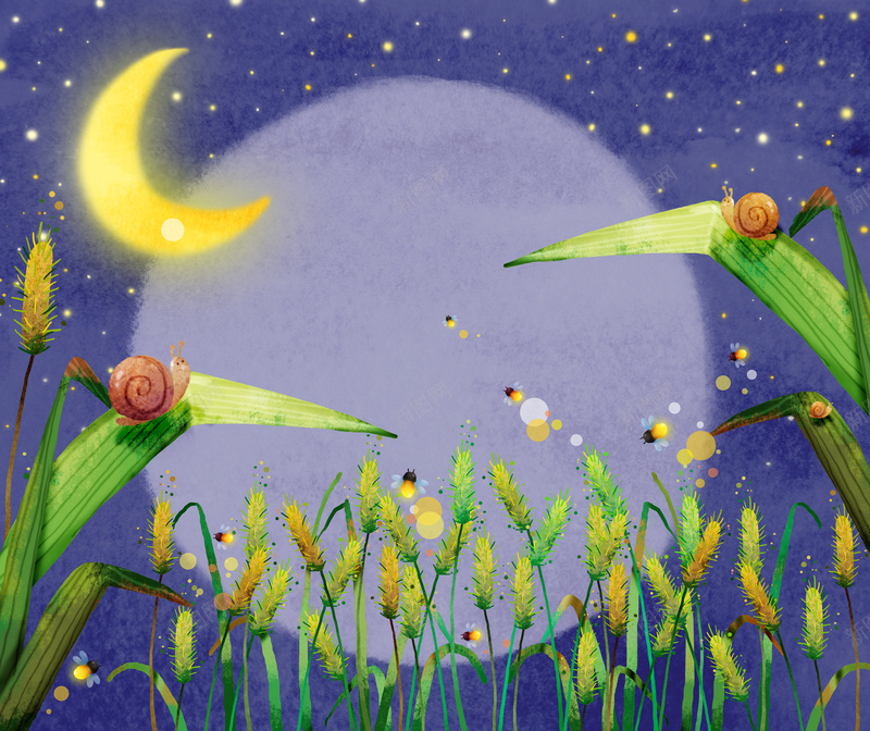 卡通手绘夏夜景色背景psd设计背景_新图网 https://ixintu.com 卡通 可爱 夏天 夜色 安眠 手绘 故事 星空 月亮 梦幻 浪漫 海报 漫画 童话 童趣 草 蜗牛