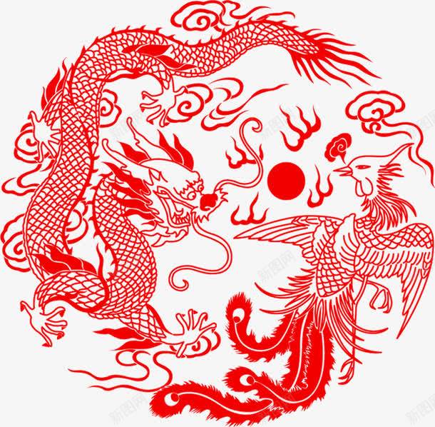 红色龙和凤凰剪纸装饰png免抠素材_新图网 https://ixintu.com 凤凰 凤凰纹饰 剪纸 红色 装饰