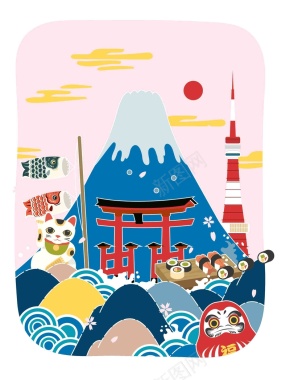 手绘矢量旅游日本景点樱花富士山招财猫海报背景
