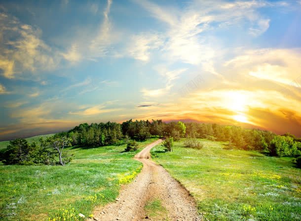 夕阳下的绿草地小路jpg设计背景_新图网 https://ixintu.com 夕阳 小路 草地