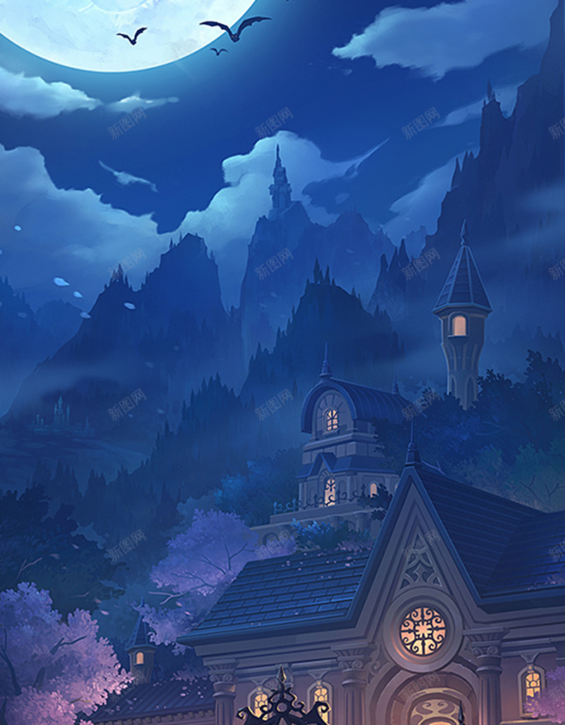游戏背景图大月亮夜景H5背景jpg设计背景_新图网 https://ixintu.com H5 古堡 城堡 夜景 月亮 游戏背景