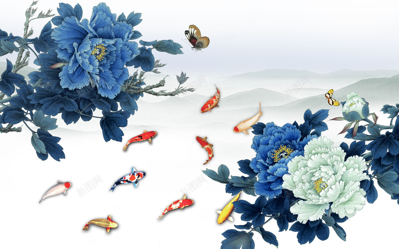 蓝牡丹九鱼图海报背景psd设计背景_新图网 https://ixintu.com 九鱼图 国画牡丹 国色天香 家居装饰画 工笔牡丹 牡丹客 牡丹花背景墙 牡丹花装饰墙 电视背景墙 花开富贵 蓝牡丹