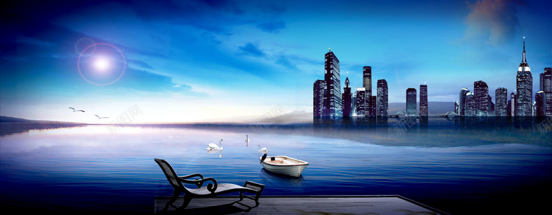 房产公司海报bannerpsd设计背景_新图网 https://ixintu.com 城市 大气 小船 房产公司 椅子 海景房 蓝天 蓝色banner