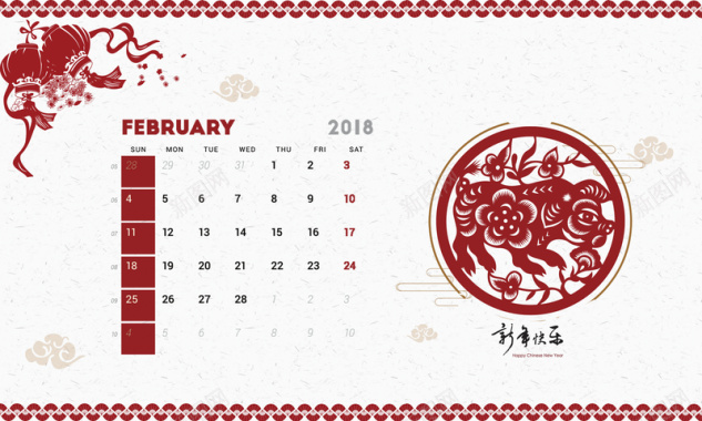 2018狗年红色中国风剪纸台历2月份背景