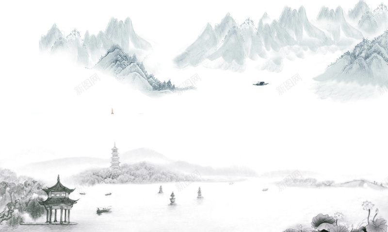 中式山水水墨画海报PSD背景psd设计背景_新图网 https://ixintu.com 中式水墨画 亭子 山峰 山水水墨画 山水画 山脉 水墨画 湖畔 荷花