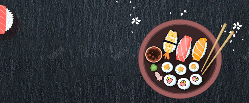 寿司卡通黑色bannerpsd设计背景_新图网 https://ixintu.com banner 促销 卡通 寿司 手绘 折扣 料理 日式 樱花 美食 食物 黑色