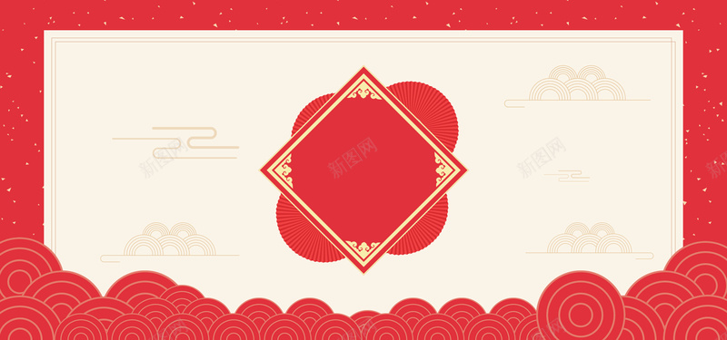 中国风红色海报bannerpsd设计背景_新图网 https://ixintu.com 中国风 卡通樱花红色扇子 扇子 洒金 海报banner 祥云 红色 花纹 菱形边框