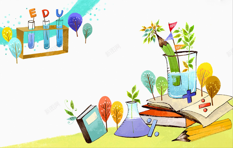 手绘化学器材插画背景jpg设计背景_新图网 https://ixintu.com 书本 化学 器皿 插画 教育 海报 科学实验室 背景 试管