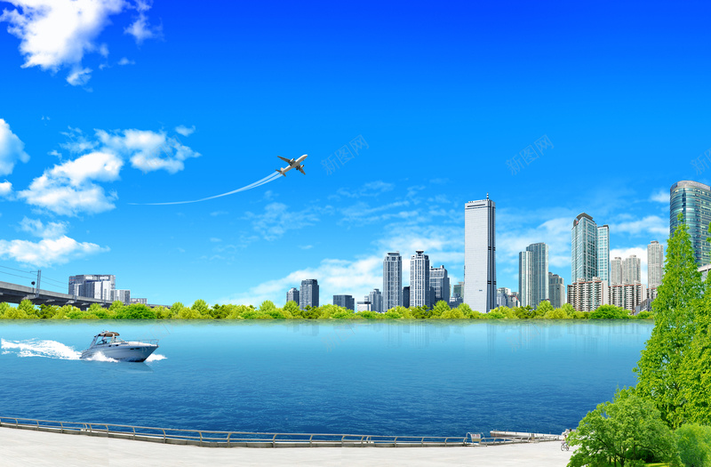 蓝色清爽城市海报背景psd设计背景_新图网 https://ixintu.com 城市 水面 海报 清爽 白云 背景 蓝天 蓝色 蓝色背景 飞机 高楼