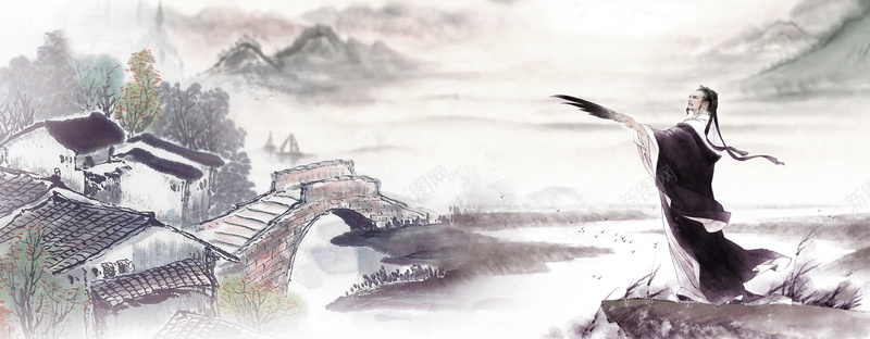 中国风水墨画古人眺望远方bannerjpg设计背景_新图网 https://ixintu.com banner 中国风背景 书法 古人物 古典 古韵 山峰 庭院建筑 水墨画 绘画美术