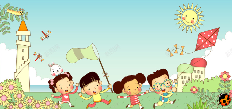 可爱卡通春天背景psd设计背景_新图网 https://ixintu.com 儿童 卡通 可爱 太阳 幼儿园 春天 童趣 绿色 花朵 风筝