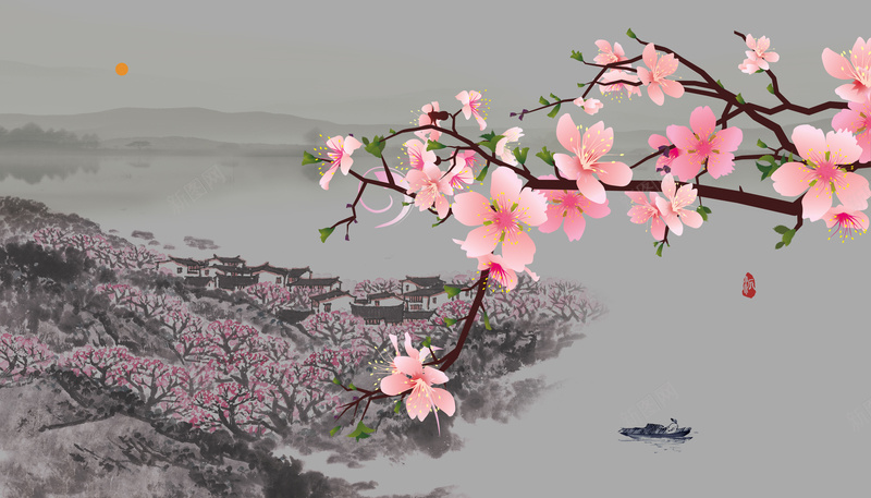 中国风桃花水墨背景psd设计背景_新图网 https://ixintu.com 中国风 山水 文雅 村落 桃花 水墨 渔船 满城 美丽 背景 艺术 雅致