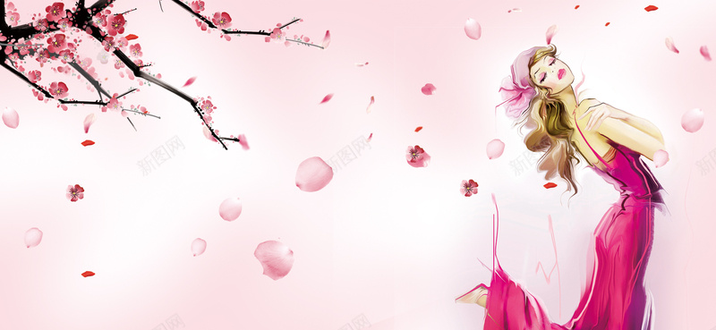三八妇女节浪漫唯美手绘bannerpsd设计背景_新图网 https://ixintu.com 38节 三八妇女节 化妆品 唯美 女王 女生节 女神节 女装 手绘女人 桃花 浪漫 电商 花朵 花瓣