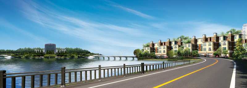 公路背景psd_新图网 https://ixintu.com 公路 别墅 摄影 桥 海报banner 湖水 风景