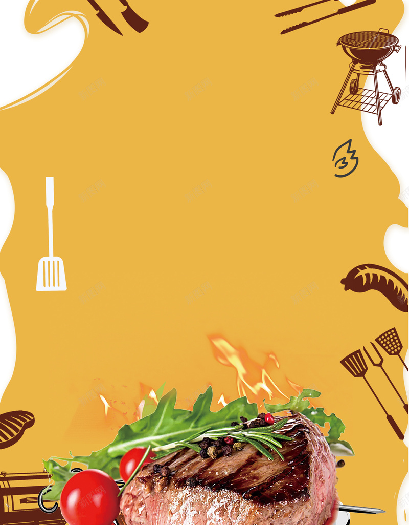 传统美食 卡通背景 烤肉 烤肉串 烧烤海报 美味 美食海报 食物