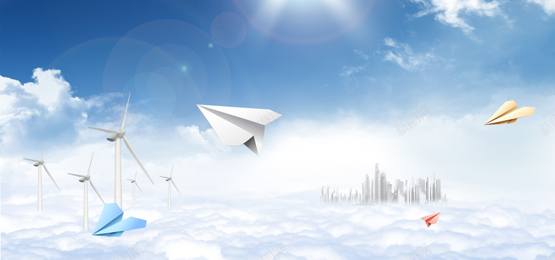 天空之城背景psd设计背景_新图网 https://ixintu.com 城市 梦幻 浪漫 海报banner 白云 纸飞机 蓝天 风电