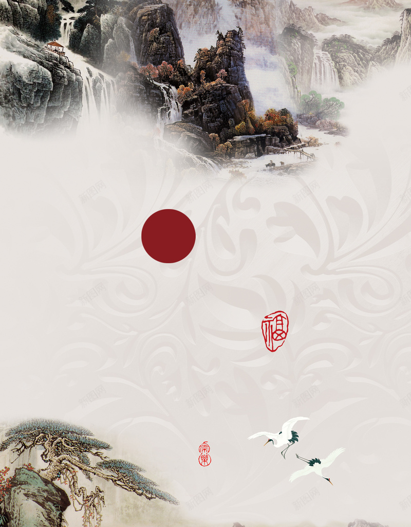 中国风山水画作背景psd设计背景_新图网 https://ixintu.com 中国风 学术 山水 画展 画廊 画色 米色 背景 艺术 花纹 飞鹤 高山