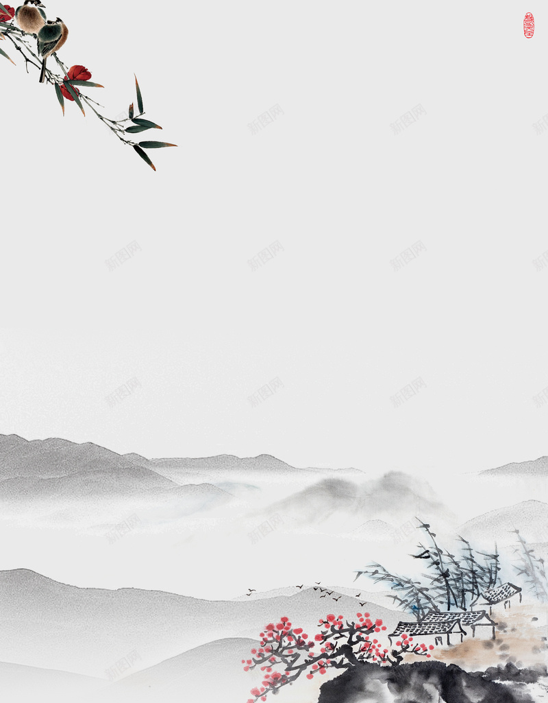 彩色水墨风景中国风psd设计背景_新图网 https://ixintu.com 中国风 古风 国画培训 国画艺术 小鸟 彩色 彩色水墨 水墨 水墨山 渲染 风景